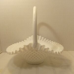 Fenton White Milk Glass Hobnail Ruffled Basket